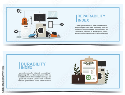 Flyers Set of Repairability and Durability Appliance Indices. home appliance repairability and durability indices designed for sustainability topics and product evaluations. Vector illustration