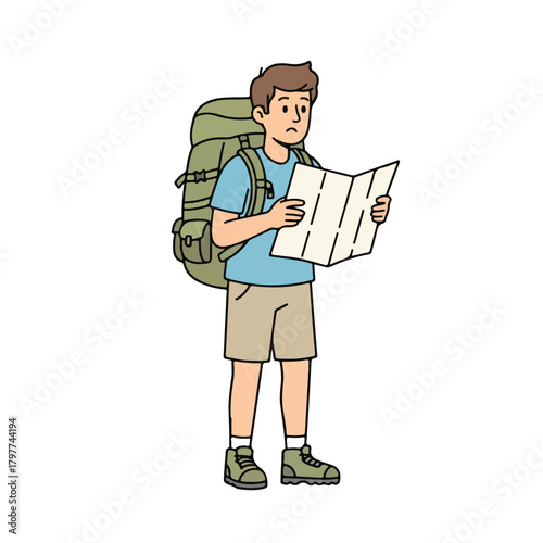 Boy Traveler with Backpack and Map Cartoon
