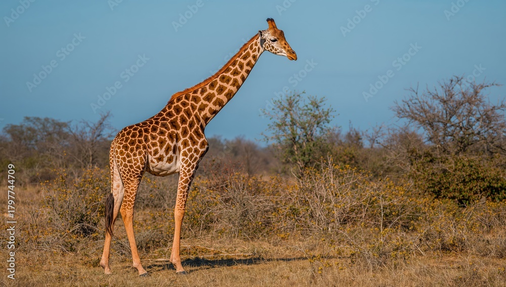 Fototapeta premium Giraffe moving through natural habitat, focus on wildlife behavior