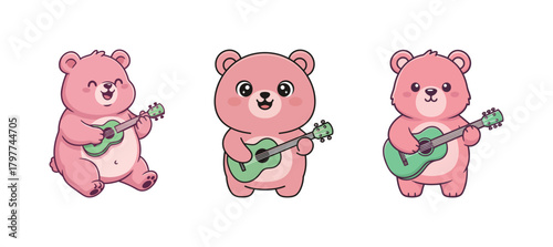 Three Adorable Pink Cartoon Bears Playing the Ukulele or Guitar, Happy Music and Animal Character Vector Illustration for Kids' Songs and Entertainment Isolated on White Background.