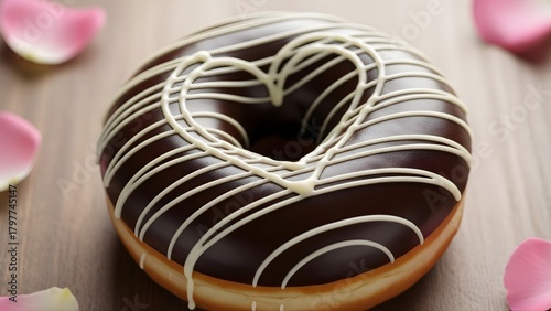 Romantic chocolate donut with white heart icing, surrounded by delicate pink rose petals.
