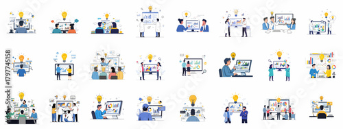 Business analysis and innovation concept vector set featuring teams reviewing data, generating ideas, and finding solutions in the workplace.