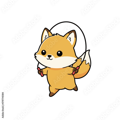 Cute Cartoon Fox Jumping Rope or Skipping, Happy and Energetic Animal Character Engaging in Exercise and Fitness Activity Vector Illustration Isolated on White Background.