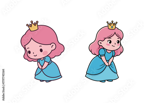 Two Adorable Cartoon Little Princesses with Pink Hair and Crowns, Wearing Blue Dresses, Curtsying or Bowing, Perfect for Fairytale and Royal Themes Vector Illustration Isolated on White.
