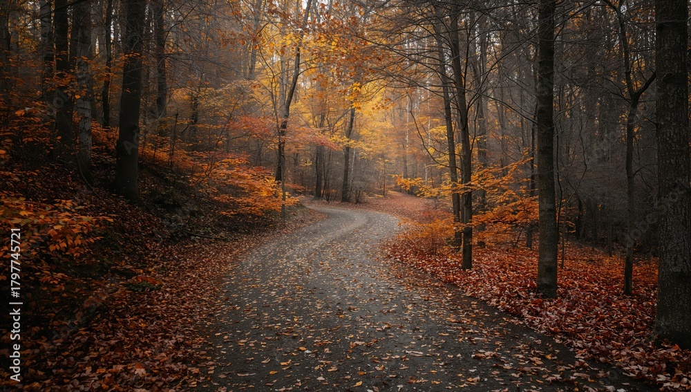 Fototapeta premium Path through a forest with fallen autumn leaves, ideal for showcasing seasonal change