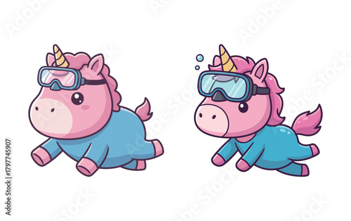 Two Cute Cartoon Unicorns Wearing Blue Scuba Suits and Goggles, Swimming or Diving, Fantasy Animal and Aquatic Adventure Themes Vector Illustration Isolated on White Background.