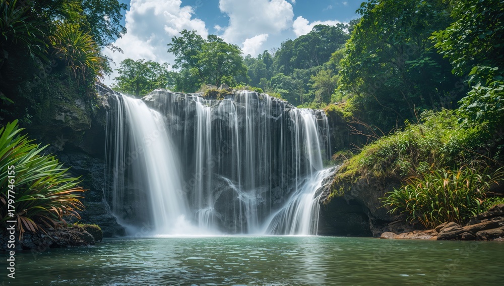 Fototapeta premium Waterfall cascading through jungle foliage in Phu Quoc, Vietnam, highlighting seasonal change