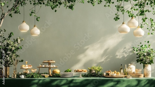 Spring brunch buffet, garden setting, sunlight, food display, website banner