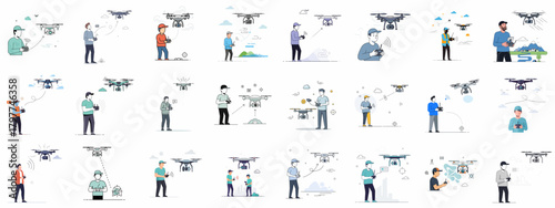 Collection of flat vector illustrations depicting people flying and operating remote-controlled camera drones for aerial photography, surveying, and fun.