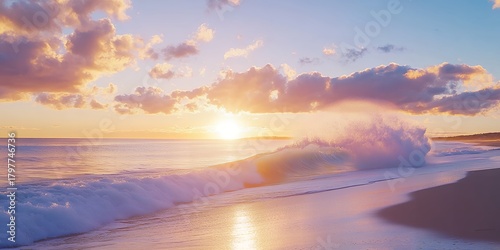 Fototapeta Naklejka Na Ścianę i Meble -  Serene ocean wave breaking on a sandy beach at sunrise with soft pastel clouds