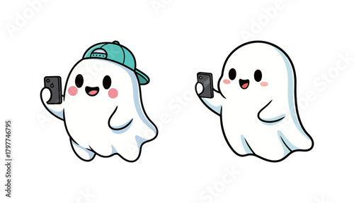 Two Adorable Cartoon Ghosts Taking a Selfie with a Smartphone, one wearing a Cap, Spooky yet Cute Digital Communication and Halloween Theme Vector Illustration.