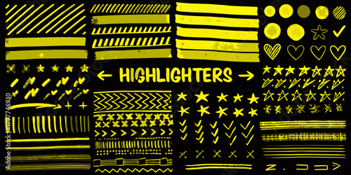 Collection of yellow highlighter pen strokes and shapes on a black background