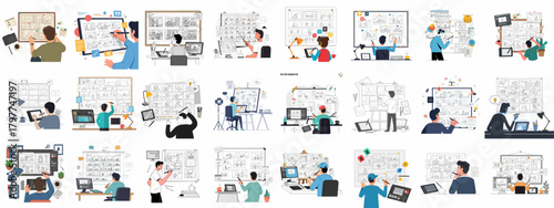 Vector bundle of artists creating storyboards, developing visual scripts for animation, filmmaking, and video production planning.