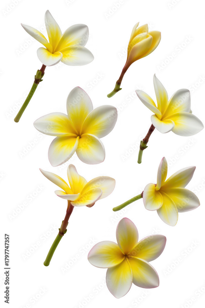 Fototapeta premium White yellow plumeria blossoms isolated on a transparent background