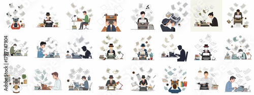 Collection of illustrations depicting writers using vintage typewriters, surrounded by flying papers and books, symbolizing creativity and the intense writing process.