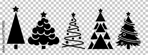 Christmas tree silhouettes with star toppers on a transparent background, festive holiday season.