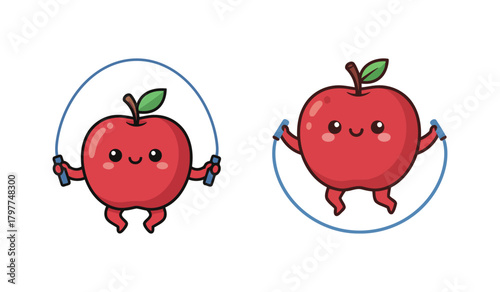 Two Cute Cartoon Red Apples Jumping Rope or Skipping, Happy Fruit Characters Engaging in Exercise and Healthy Lifestyle Themes Vector Illustration Isolated on White Background.