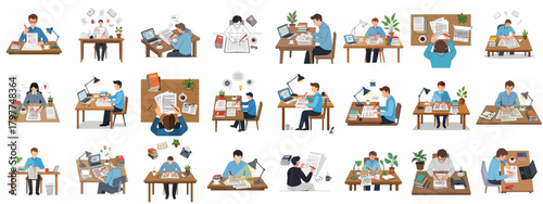 Collection of flat vector illustrations depicting people writing, studying, editing, proofreading, and grading documents intensely at office or home desks.