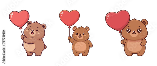 Three cartoon teddy bear characters holding red heart-shaped balloons, cute set for Valentine's Day, love, romance, and celebration, vector illustration
