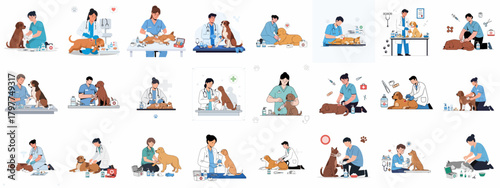 Veterinary professionals administering first aid, vaccinations, and essential medical treatment to dogs and pets, vector illustration collection.