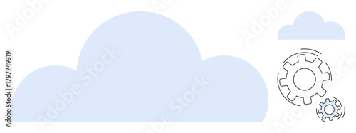 Large blue cloud with spinning gears signifies cloud computing, automation, data processing, and technological synchronization. Ideal for IT solutions, software development, cloud infrastructure