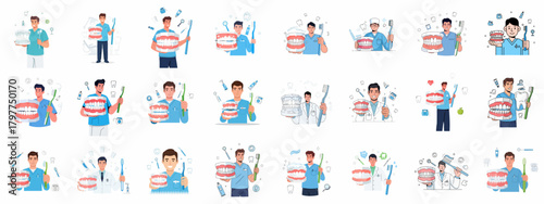 Dentists and Dental Hygienists Vector Illustration Set: Professionals presenting jaw models, oversized toothbrushes, and oral hygiene tools for comprehensive dental care.