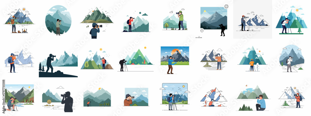 Obraz premium Outdoor landscape photography vector illustration collection featuring professional photographers capturing mountain scenery and nature.