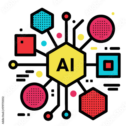 Intelligent agent cluster and networked computing system. Abstract vector illustration of interconnected nodes, data flow, and advanced artificial intelligence technology