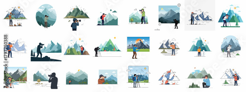 Outdoor landscape photography vector illustration collection featuring professional photographers capturing mountain scenery and nature.