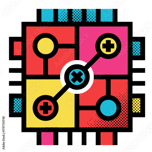 Superconducting qubit processor circuit diagram. Abstract vector illustration of a central computing core, quantum technology, and complex electronic architecture