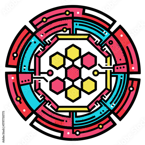 Quantum error correction module. Abstract vector illustration of a central computing circuit, data processing core, and futuristic technology for system integrity and debugging