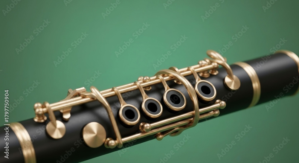 Naklejka premium Detailed close-up of a clarinet with gold keys against a green backdrop