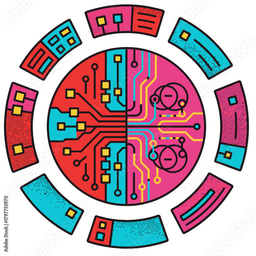 Hybrid quantum classical system abstract circuit board design. Vector illustration of digital technology, parallel computing, and complex data processing