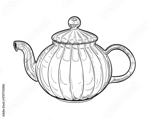 Tea kettle. Vector hand drawn illustration of teapot in engraved style. Glass household kitchen utensils. Black and white sketch isolated on white background