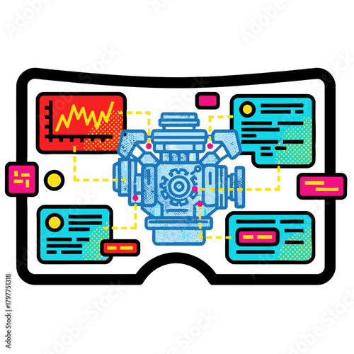 Mixed Reality Engineering View Vector Illustration. AR/VR Engine Diagnostics, Mechanical Inspection, or Digital Industrial Maintenance Concept
