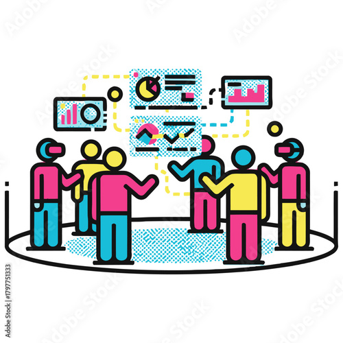 VR Remote Collaboration Room Vector Illustration. Virtual Reality Meeting, Teamwork, or Online Business Presentation Concept with Data Visualization