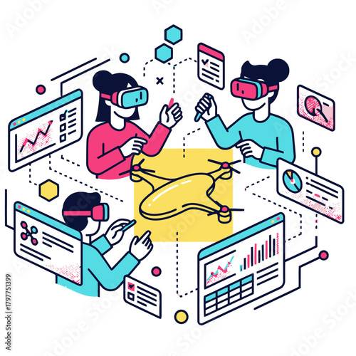 XR Product Design Lab Vector Illustration. Extended Reality Collaboration, Engineering, Virtual Prototyping, or Drone Development Concept