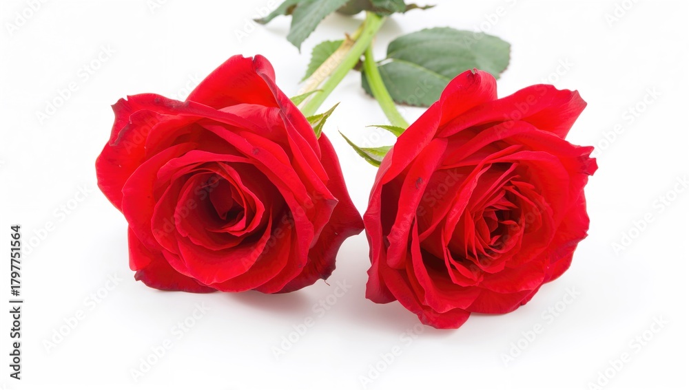 Fototapeta premium Two red roses on a white backdrop, ideal for editorial design