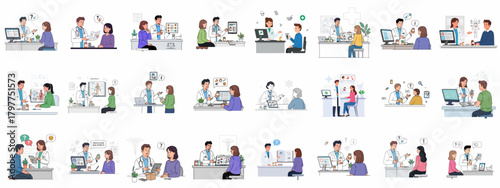 Healthcare consultation illustrations showing doctors explaining medication, side effects, and prescriptions to patients in a medical office setting.