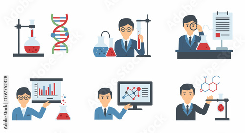 Scientists performing experiments and analyzing data in a laboratory setting.