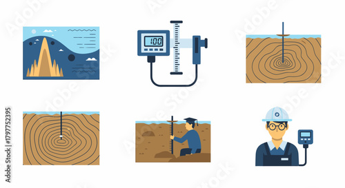 Illustration showing soil testing process with equipment, diagrams, and a construction worker.