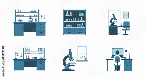 Six illustrations of laboratory settings, featuring microscopes, desks, and shelves filled with equipment.
