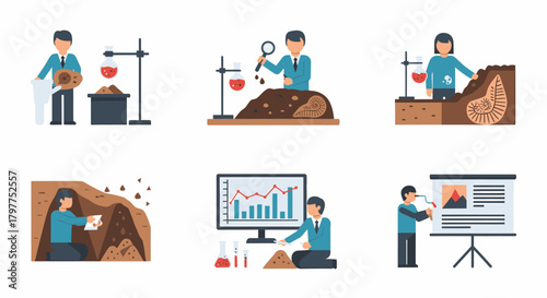 Illustrations depicting archaeologists at work: analyzing soil samples, examining artifacts, and presenting findings.
