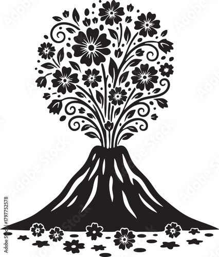 Isolated a kind of volcano erupting flowers vector silhouette symbolizing growth transformation beauty in destruction and creative natural phenomena