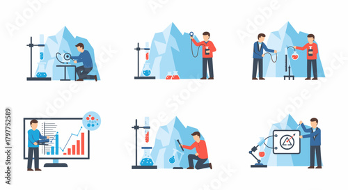 Six illustrations depict a scientist performing experiments with equipment against an iceberg backdrop.