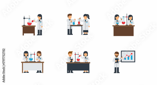 Scientists conducting experiments in a laboratory setting, using beakers, flasks, and charts to analyze data.