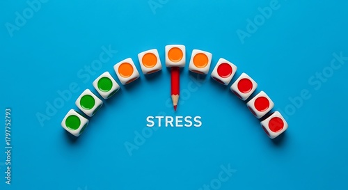 Stress meter with a pencil indicating high stress levels on a blue background
