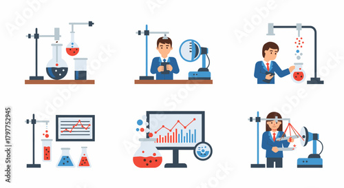 Scientists conducting experiments, analyzing data, and working with laboratory equipment.