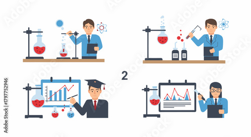Four illustrations showing a scientist conducting experiments and analyzing data with charts and graphs.