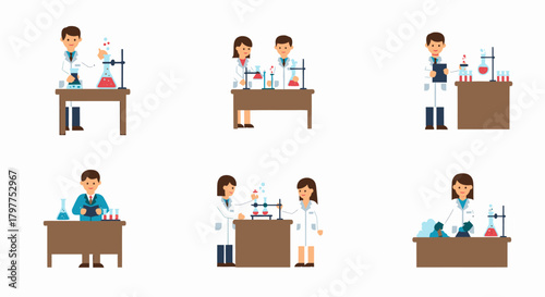 Six illustrations of scientists working in a laboratory, conducting experiments with beakers, flasks, and other lab equipment.